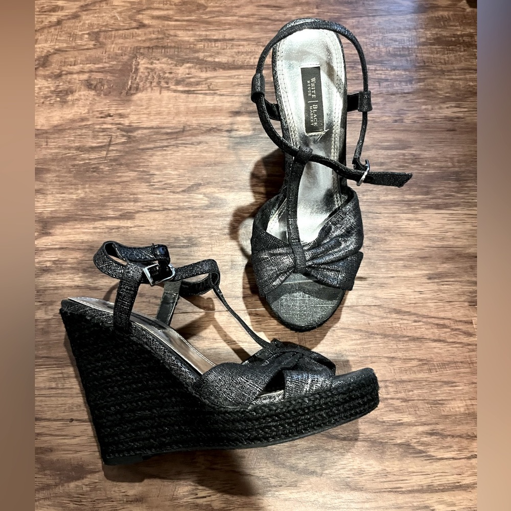 White House Black Market open wedge shoes. Dark grey fabric.